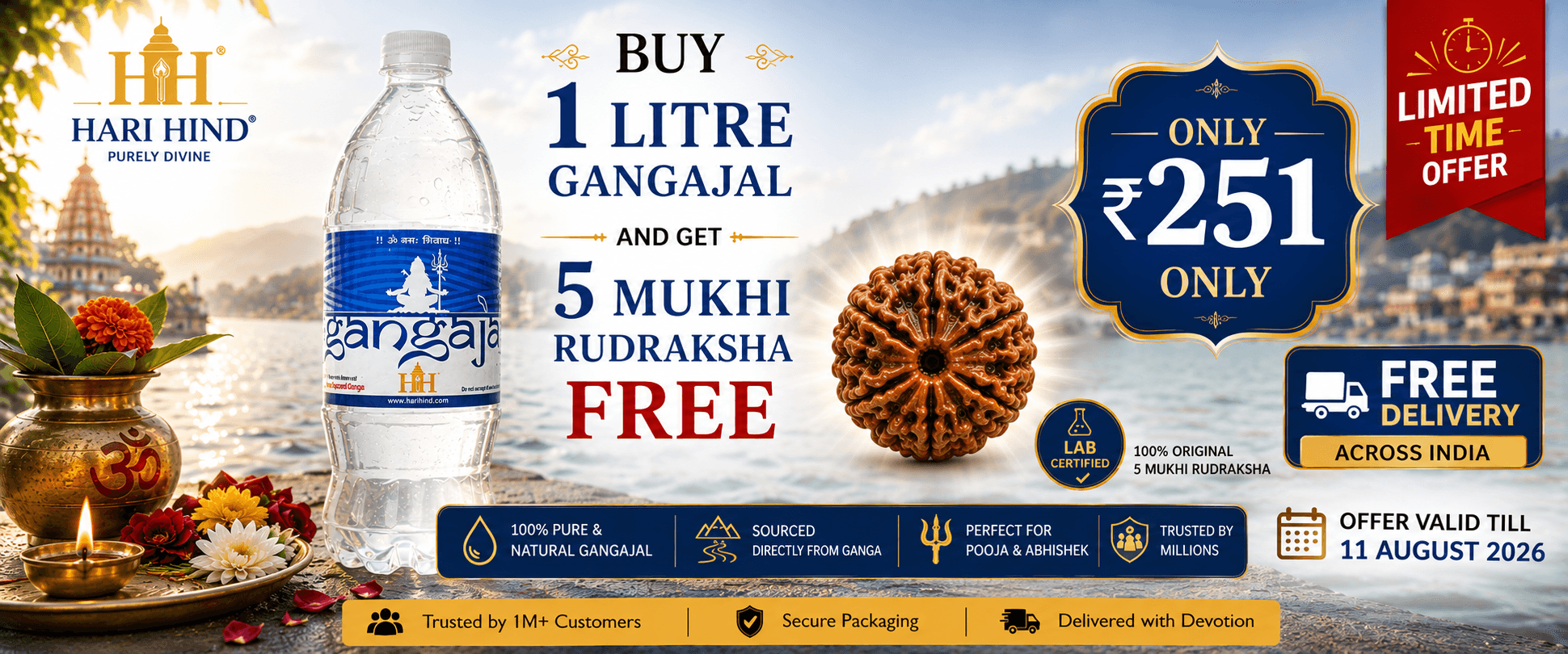 100% Pure Gangajal from Har Ki Pauri with free authentic 5 Mukhi Rudraksha from Nepal banner