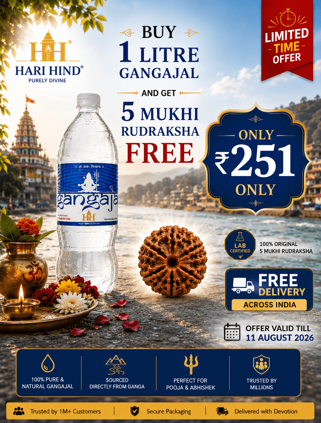 100% Pure Gangajal from Har Ki Pauri with free authentic 5 Mukhi Rudraksha from Nepal banner