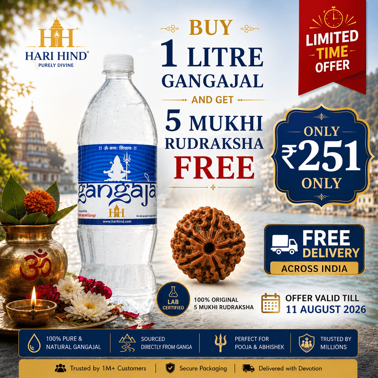 100% Pure Gangajal from Har Ki Pauri, Haridwar, Uttarakhand + FREE Authentic 5 Mukhi Rudraksha from Nepal